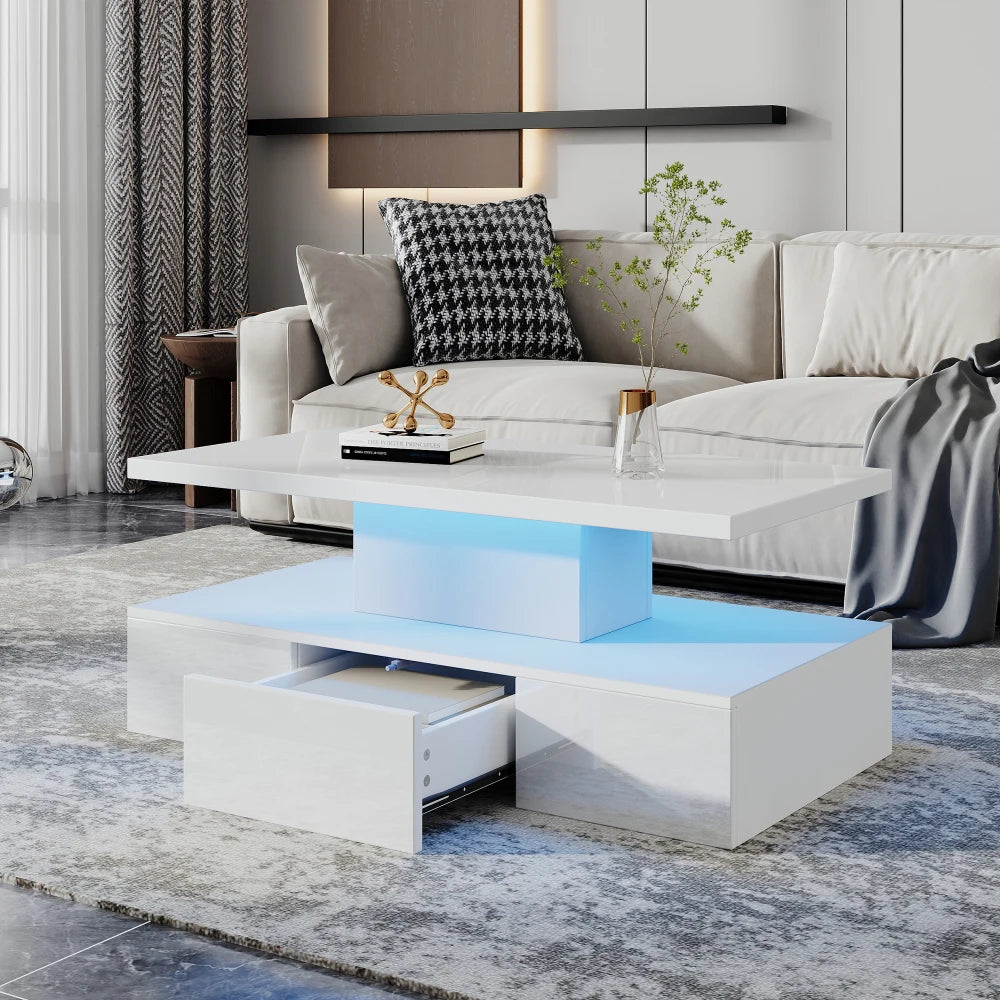 Table basse rectangulaire noire à double plateau avec LED et rangement