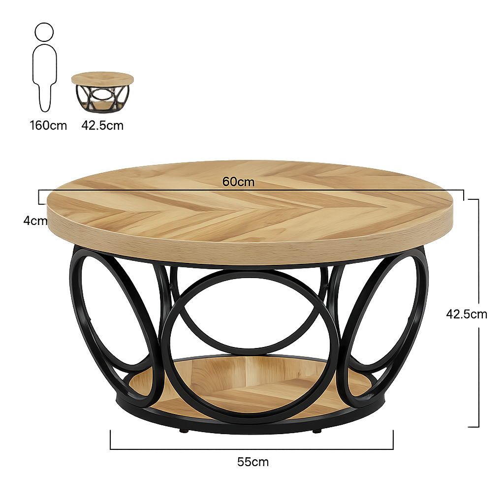 Table basse ronde bois avec rangement à 2 niveaux au style rustique