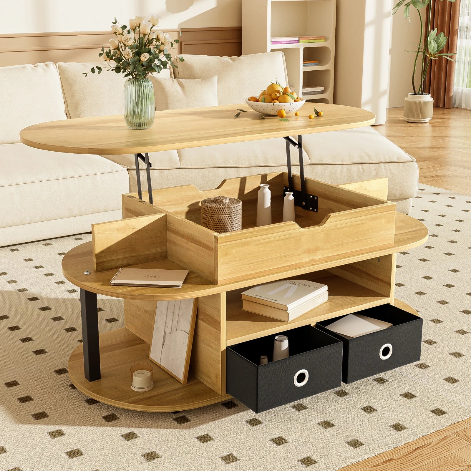 Table basse ovale relevable avec rangements design et bois