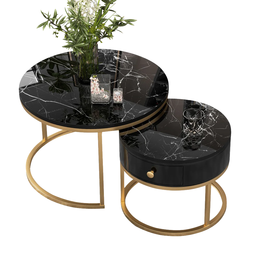 Table basse ronde gigogne effet marbre design noir