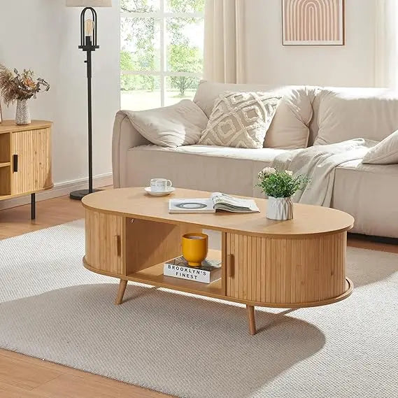 Table basse ovale bois avec rangement au style scandinave