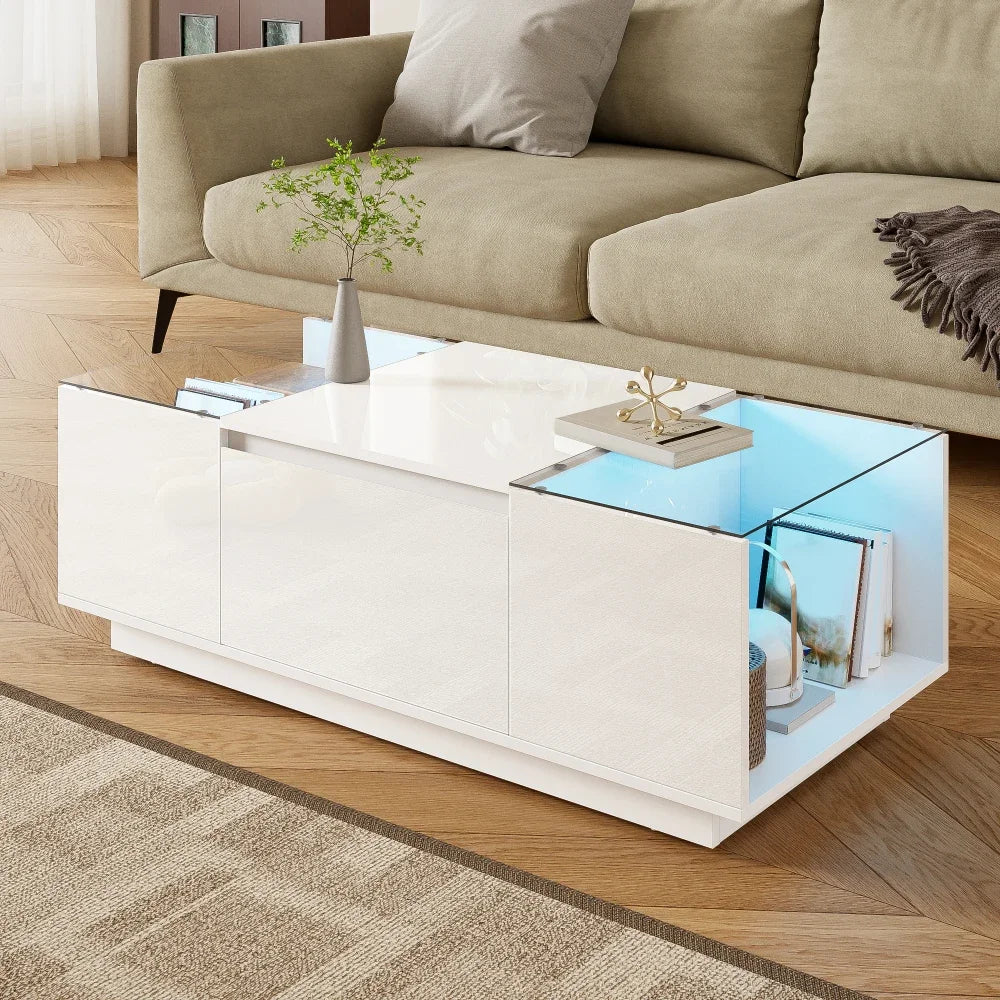 Table basse moderne en verre avec LED et rangements