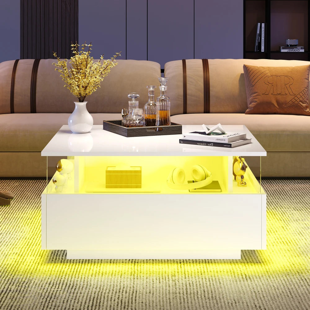 Table basse carrée avec vitrine et LED