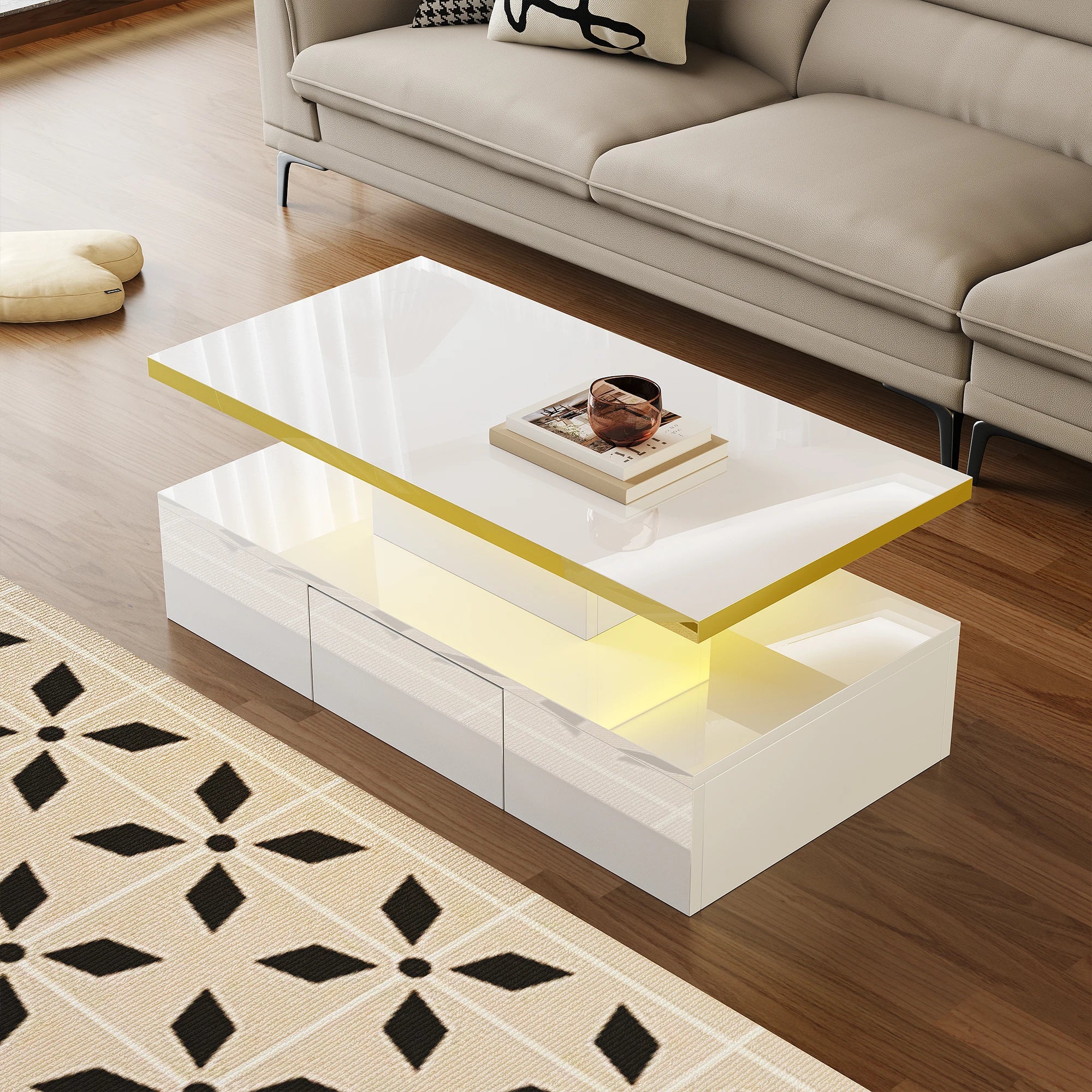 Table basse design à 2 niveaux avec tiroir et LED