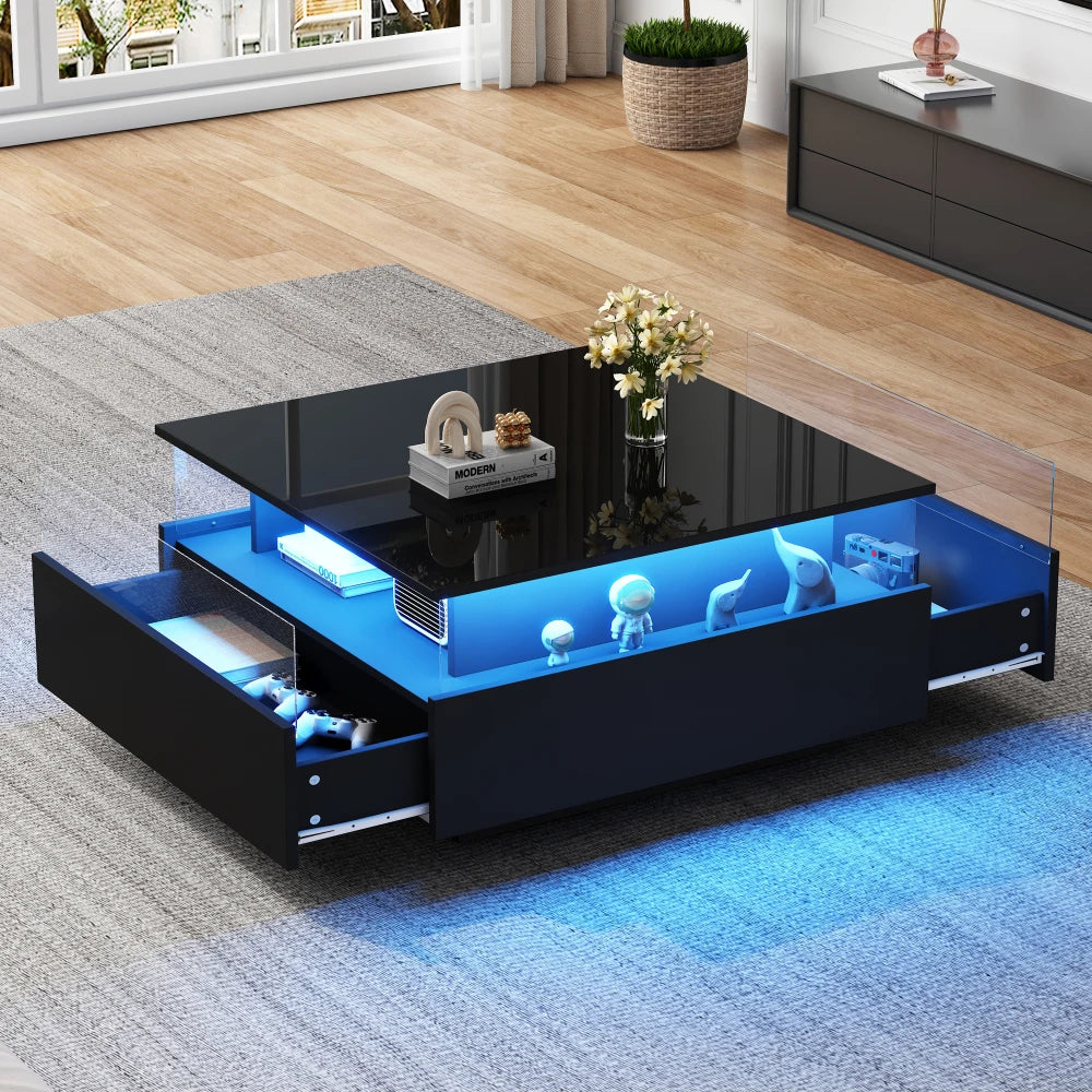 Table basse carrée avec vitrine et LED