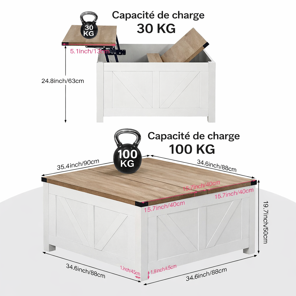 Table basse carrée à plateau relevable en bois design