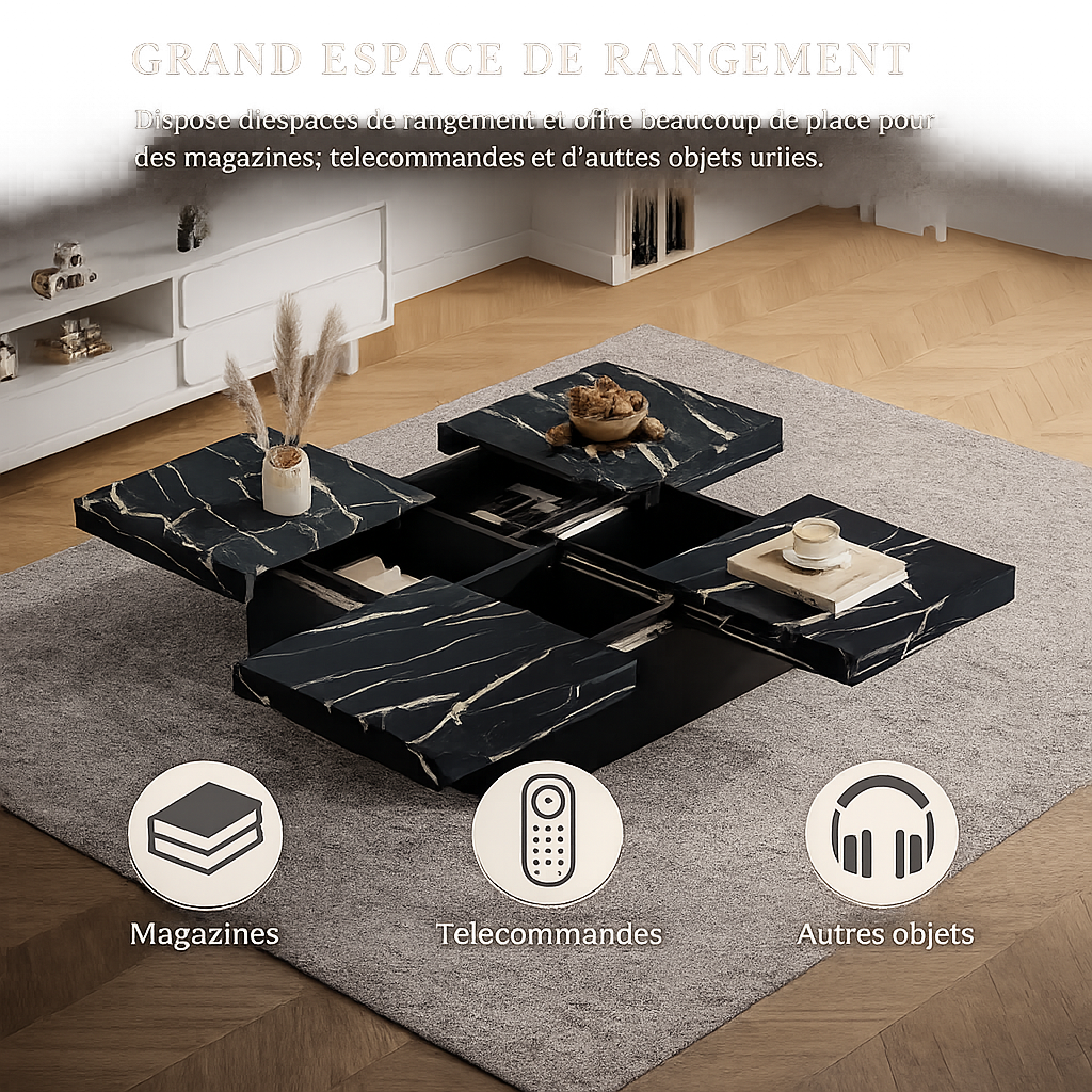 Table basse carrée avec tiroirs et plateau coulissant