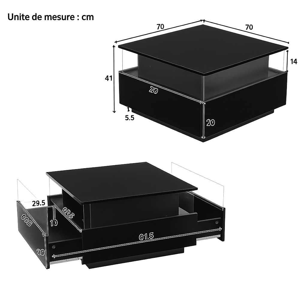 Table basse carrée avec vitrine et LED