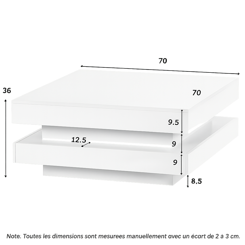 Table basse carrée blanche avec LED et plateau pivotant