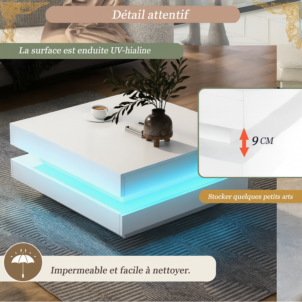 Table basse carrée blanche avec LED et plateau pivotant