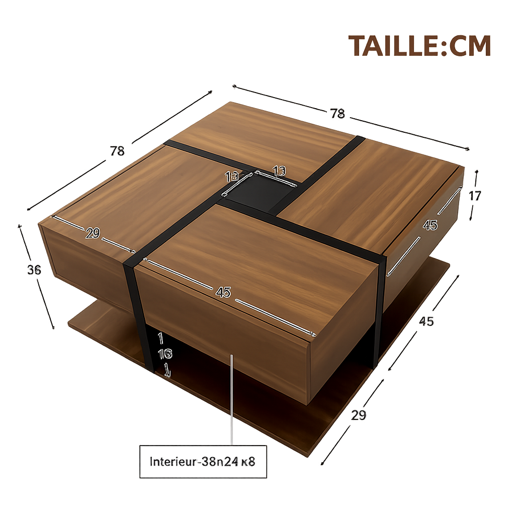 Table basse carrée bois et noir avec tiroirs de rangement