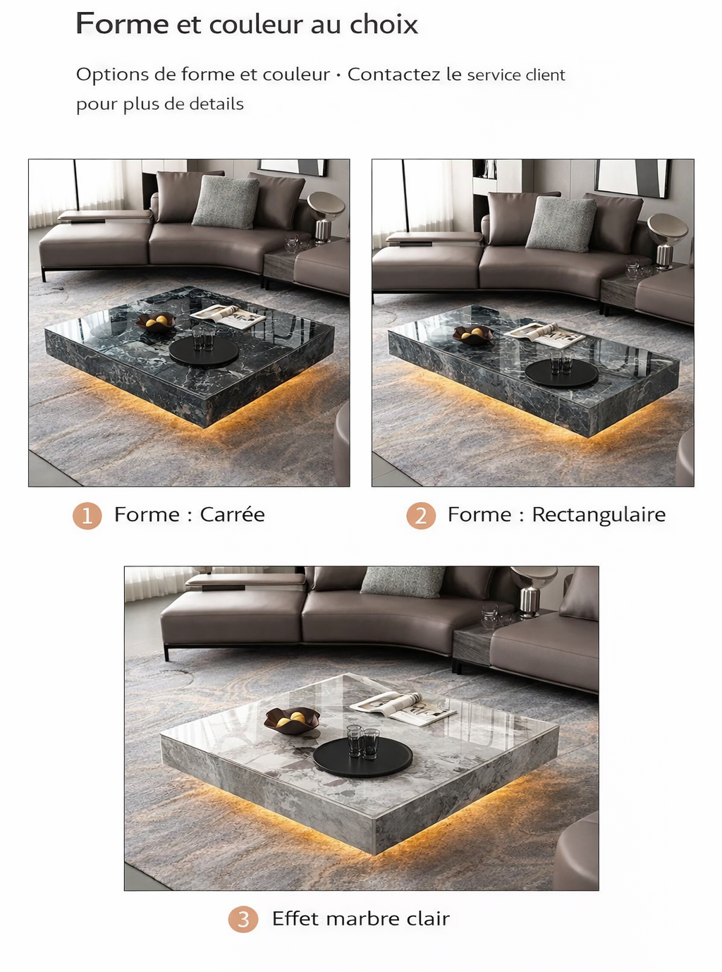 Table basse carrée effet marbre avec plateau en verre trempé