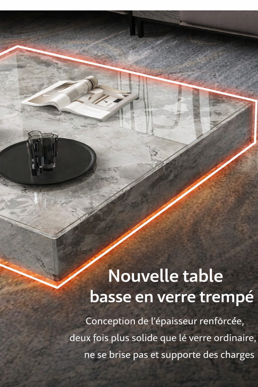 Table basse carrée effet marbre avec plateau en verre trempé