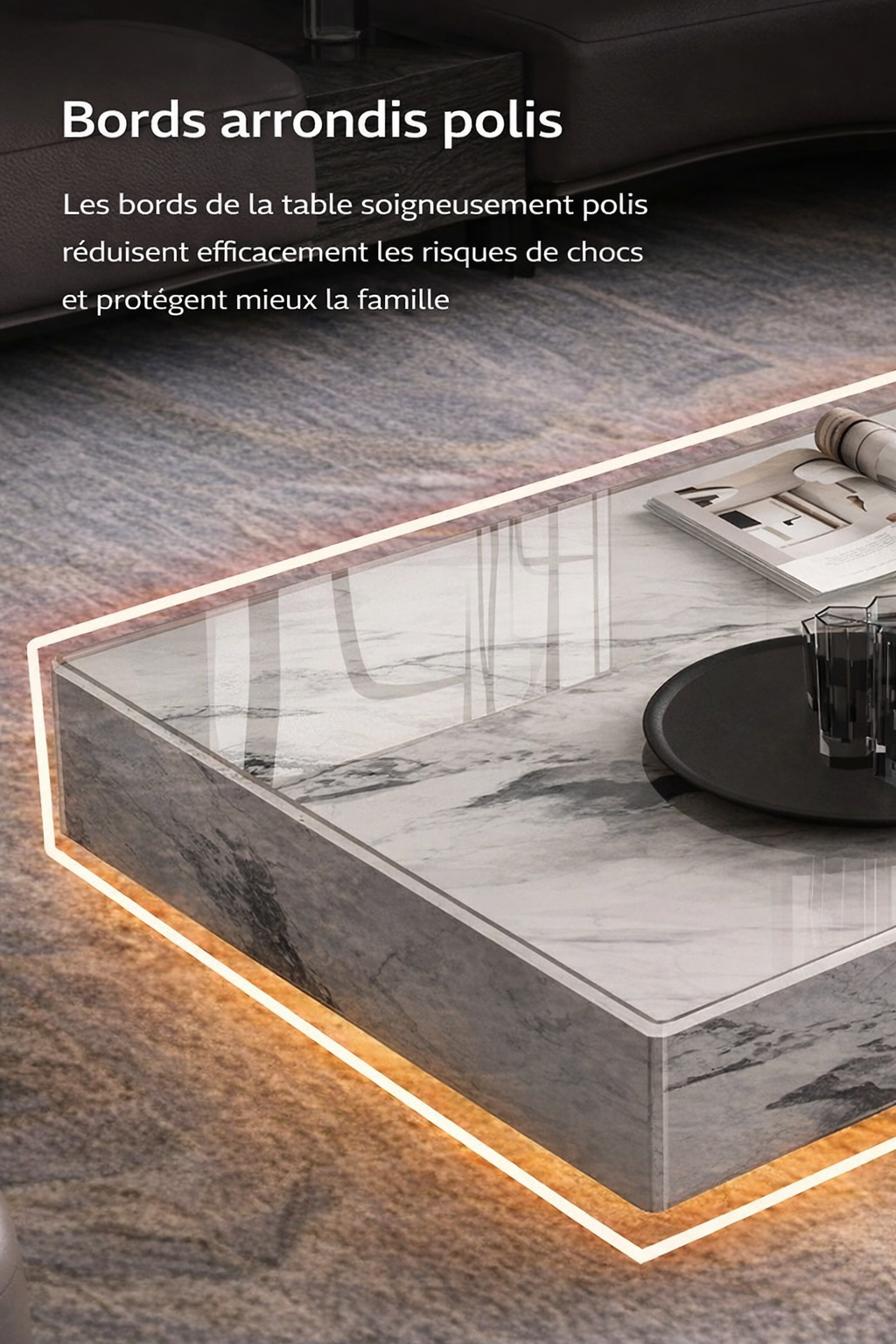 Table basse carrée effet marbre avec plateau en verre trempé