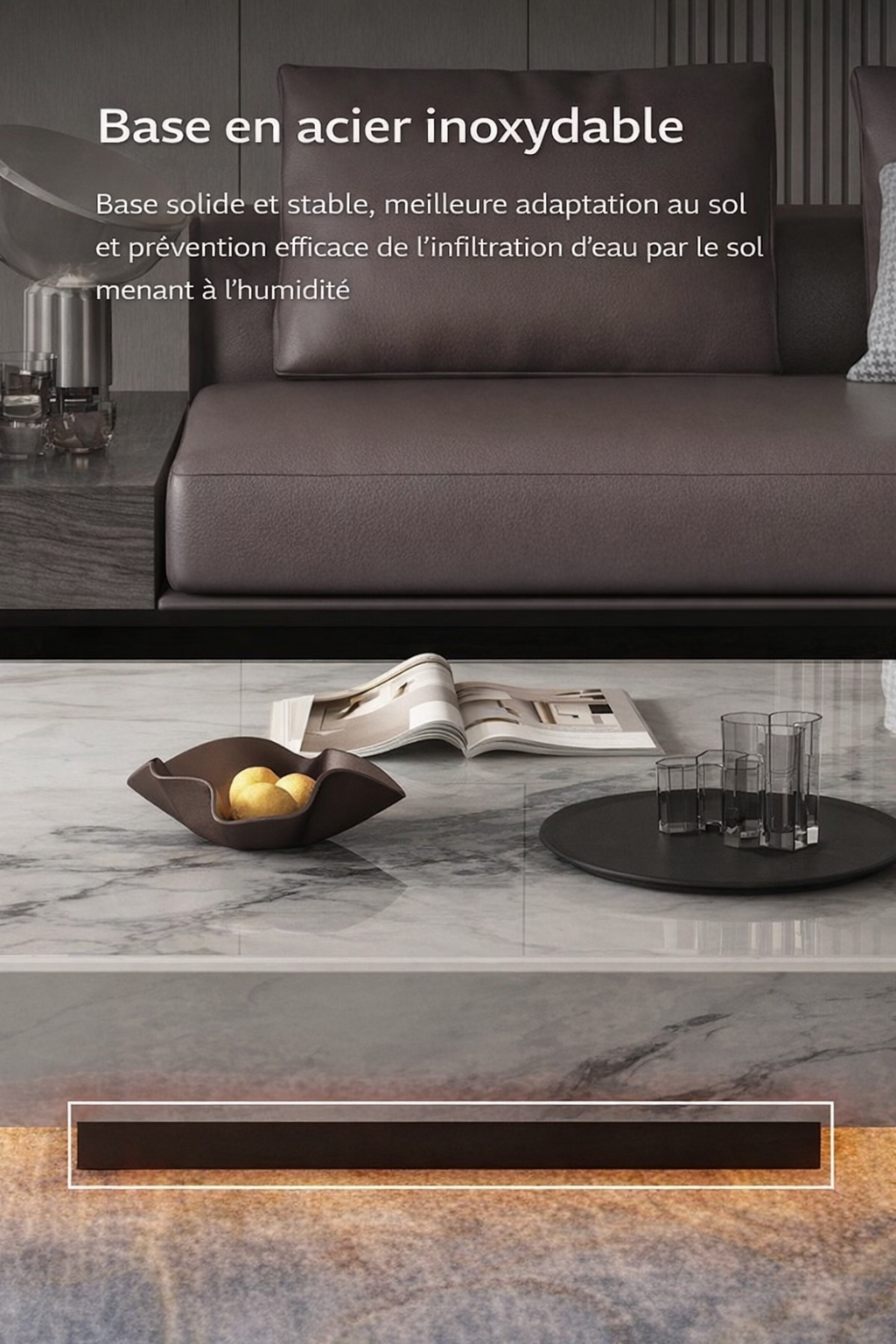 Table basse carrée effet marbre avec plateau en verre trempé