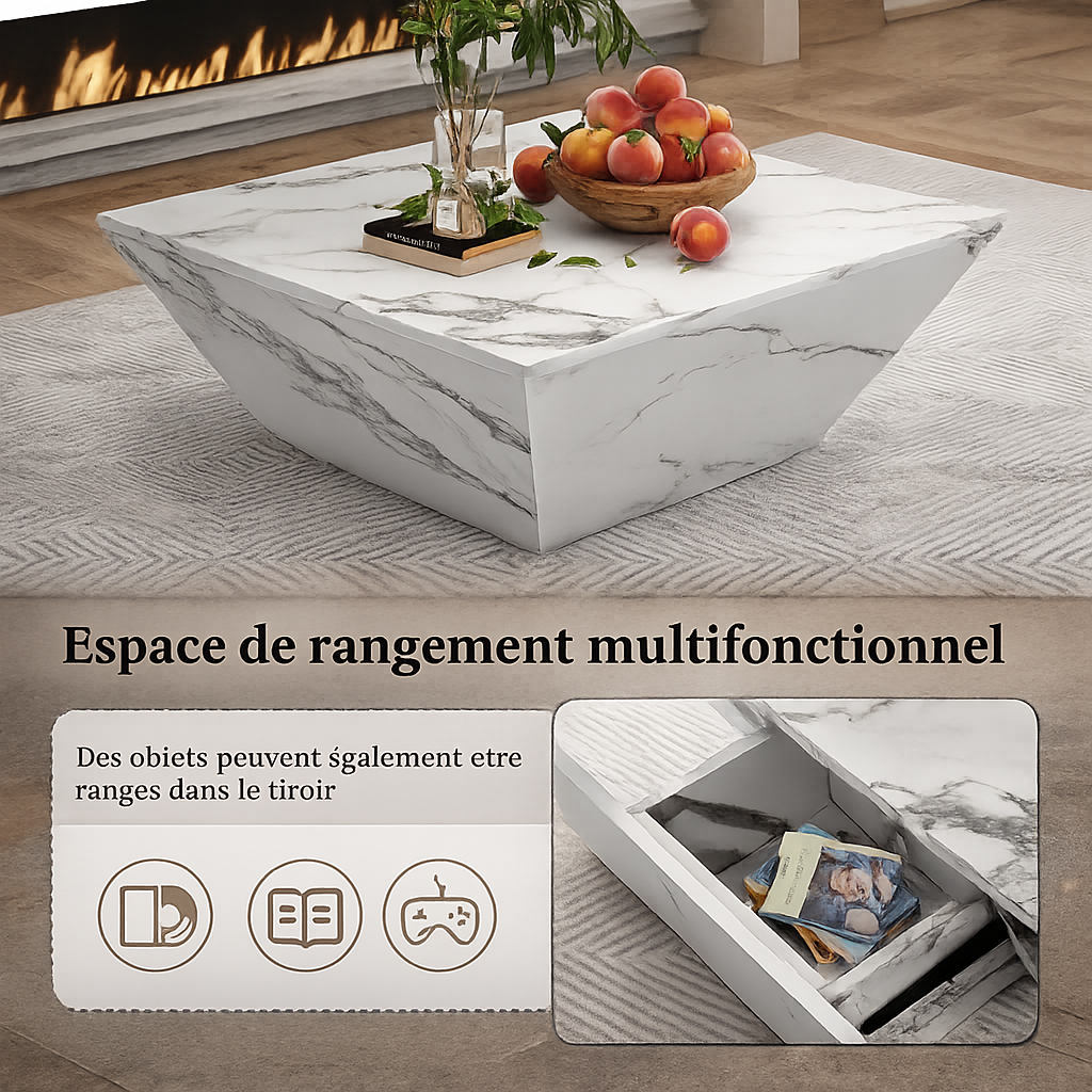 Table basse effet marbre blanche avec tiroirs