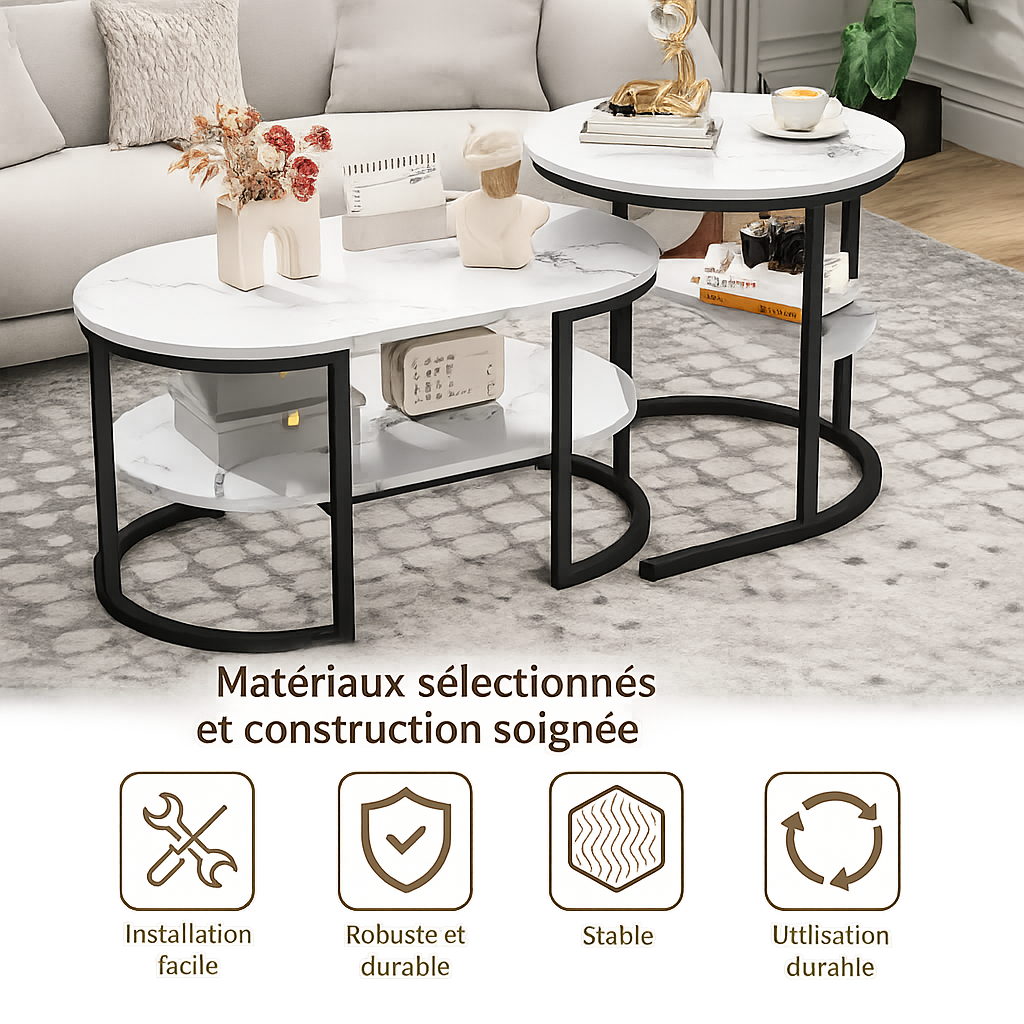 Table basse gigogne ronde et ovale avec rangement