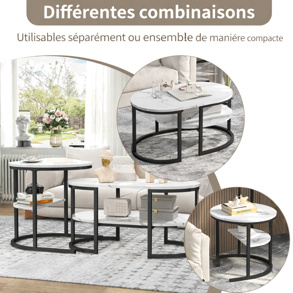 Table basse gigogne ronde et ovale avec rangement