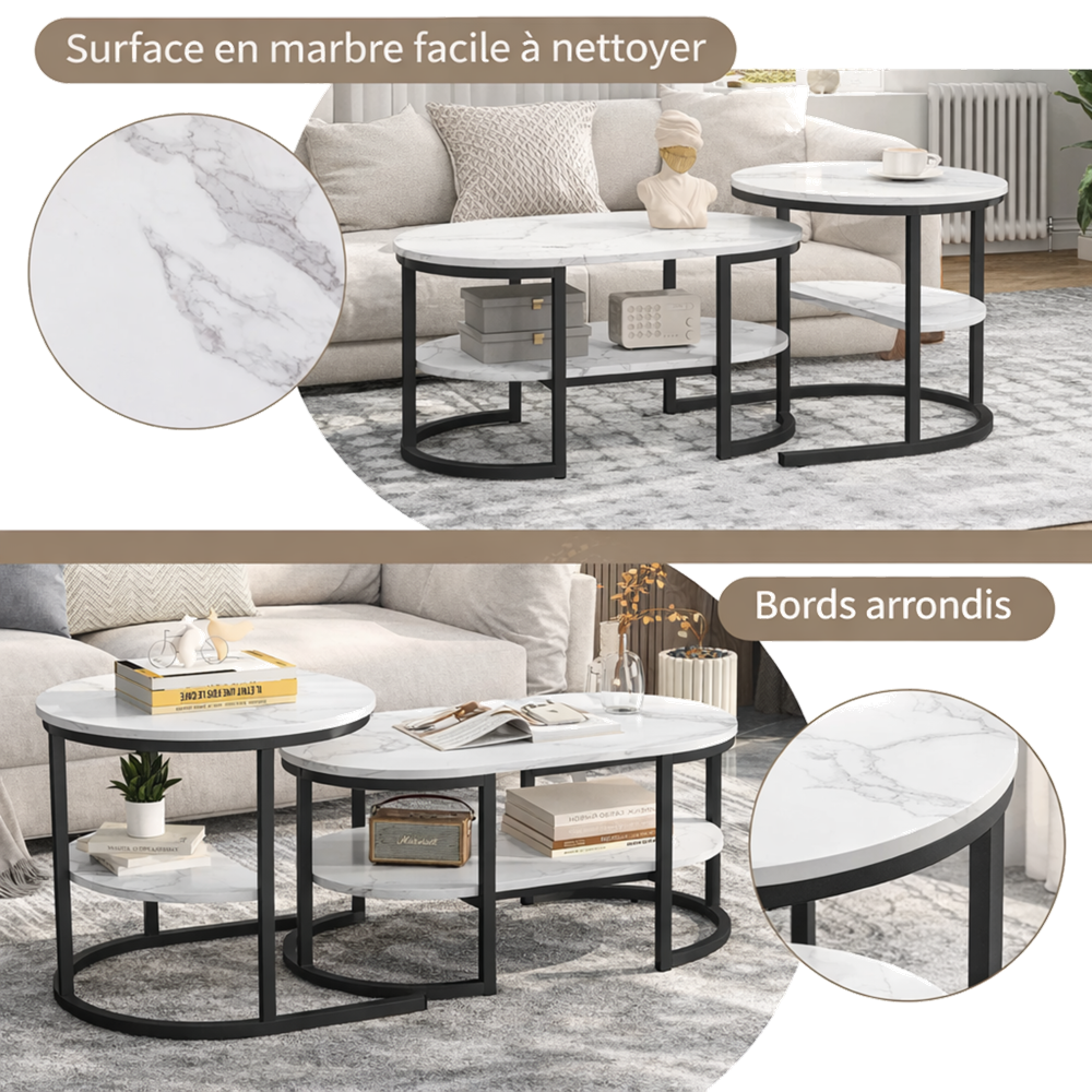Table basse gigogne ronde et ovale avec rangement