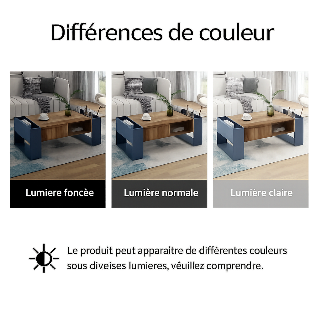 Table basse moderne bois et bleu profond avec rangement