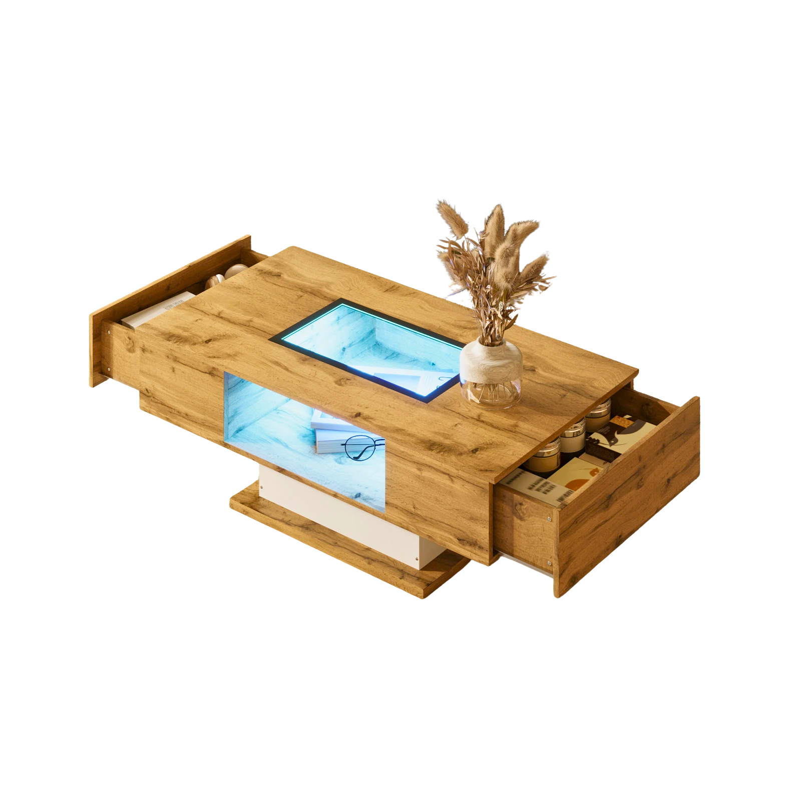 Table basse moderne en bois et verre avec LED et tiroirs