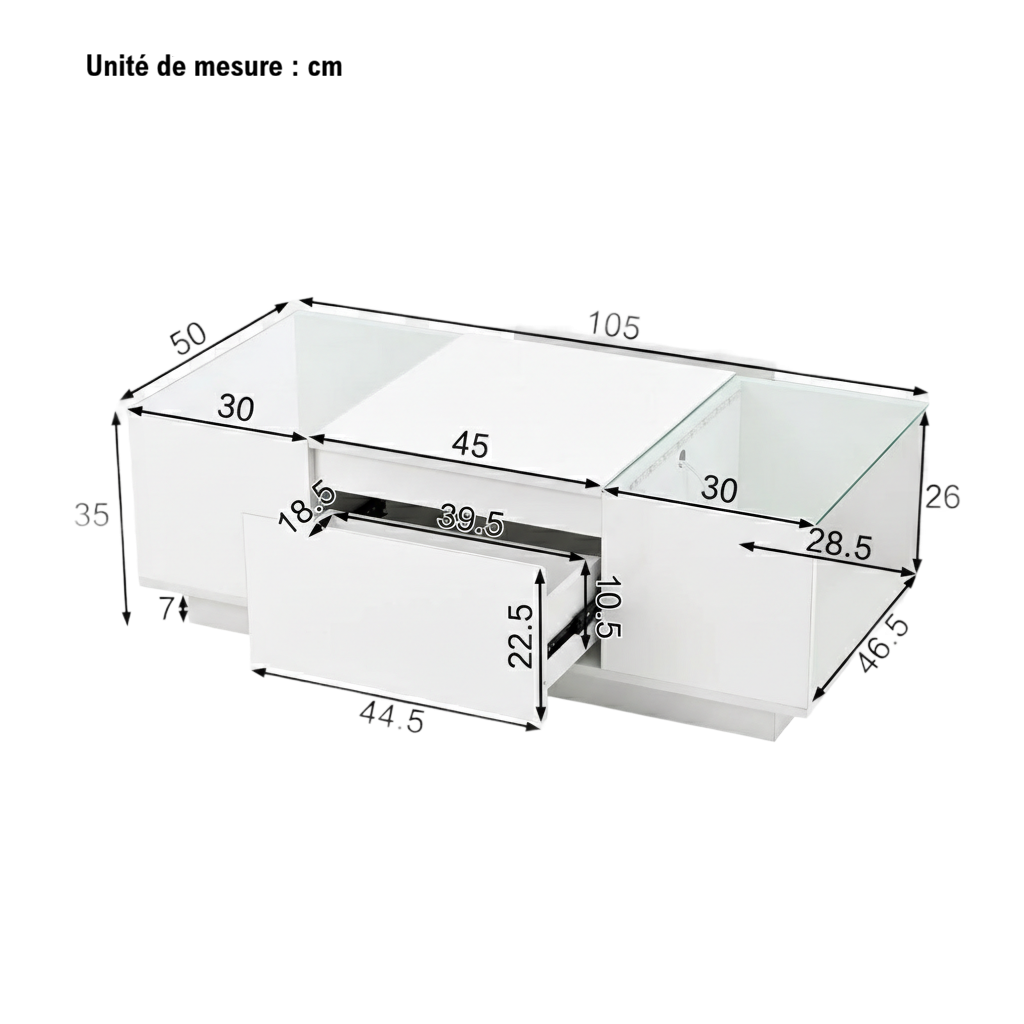 Table basse moderne en verre avec LED et rangements