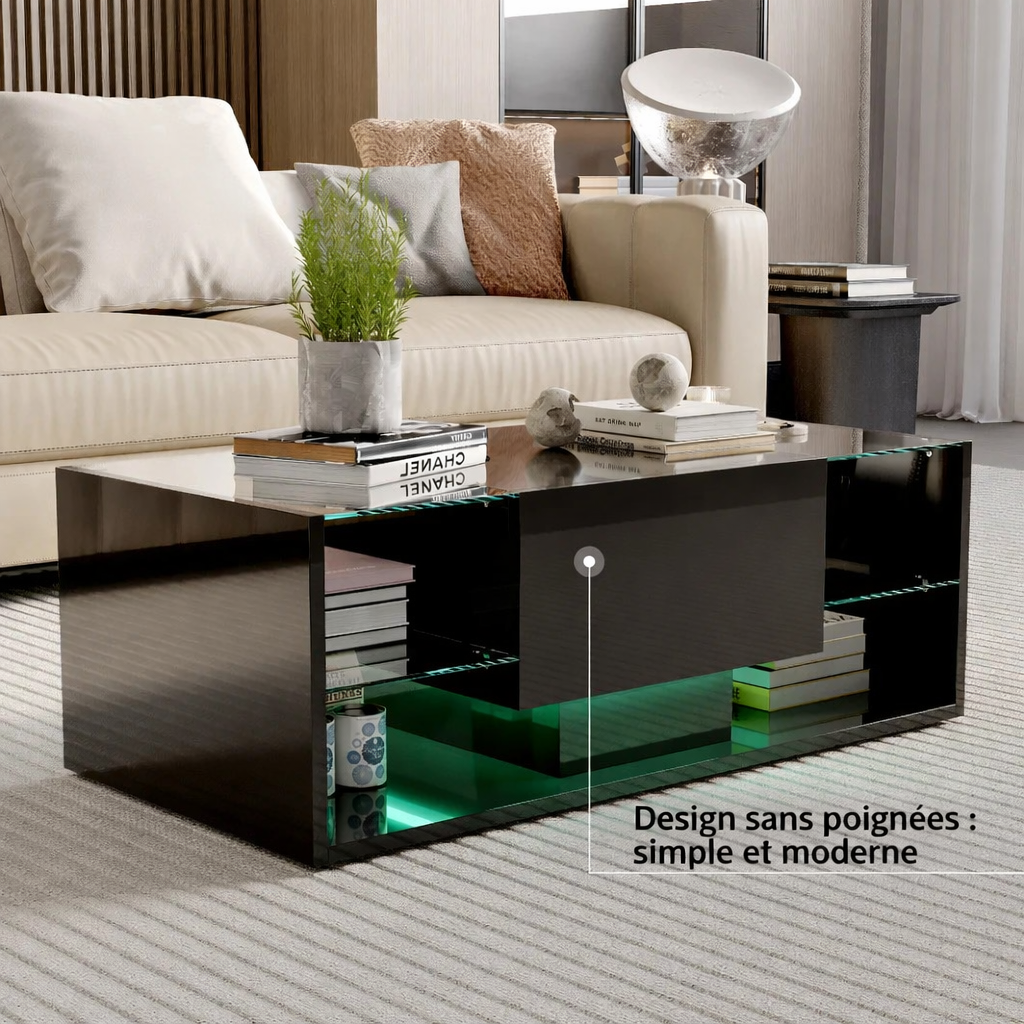 Table basse noire avec étagères en verre et éclairage LED
