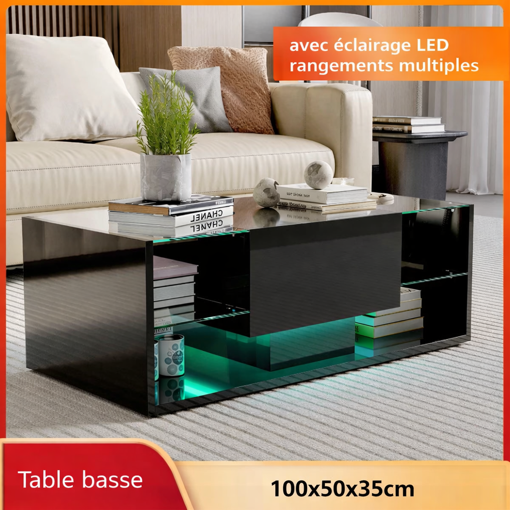 Table basse noire avec étagères en verre et éclairage LED
