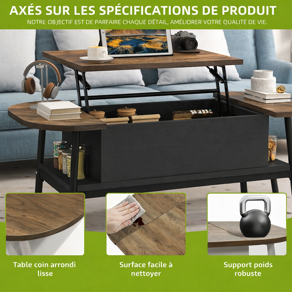 Table basse organique relevable avec rangement