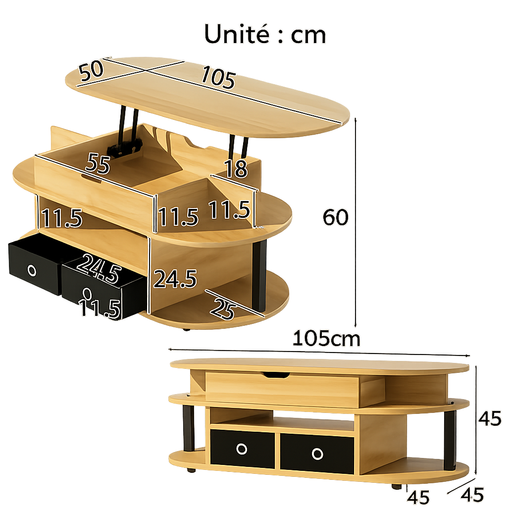 Table basse ovale relevable avec rangements design et bois