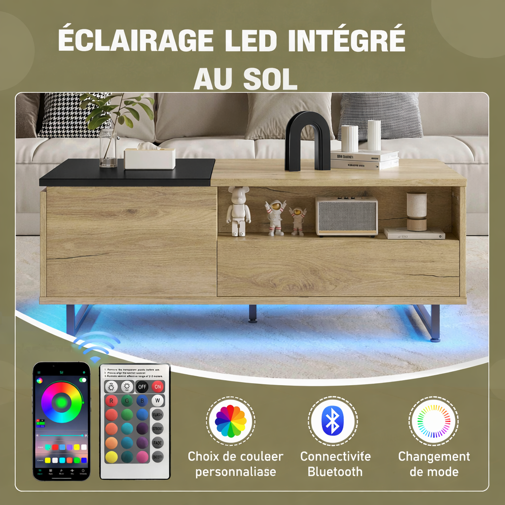 Table basse plateau relevable bois avec plateau coulissant et LED
