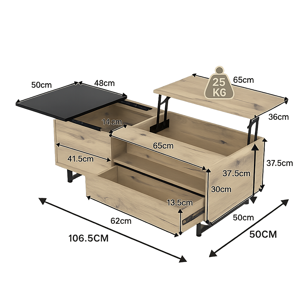 Table basse plateau relevable bois avec plateau coulissant et LED