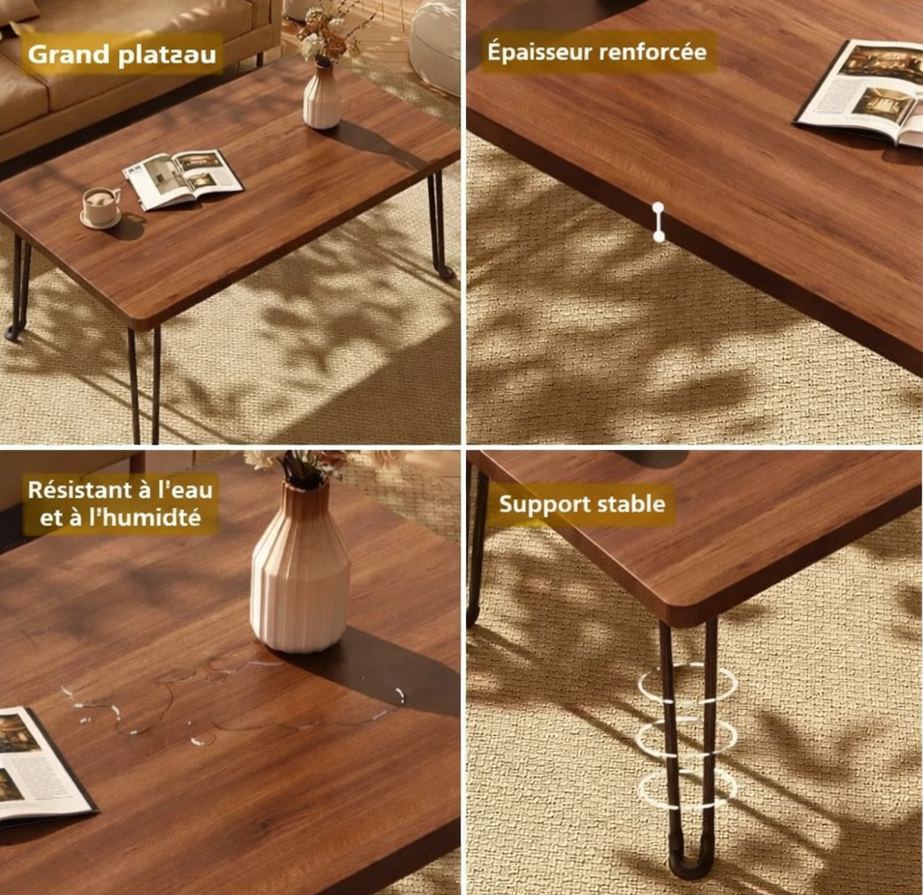 Table basse pliante rectangulaire en bois pour petit espace