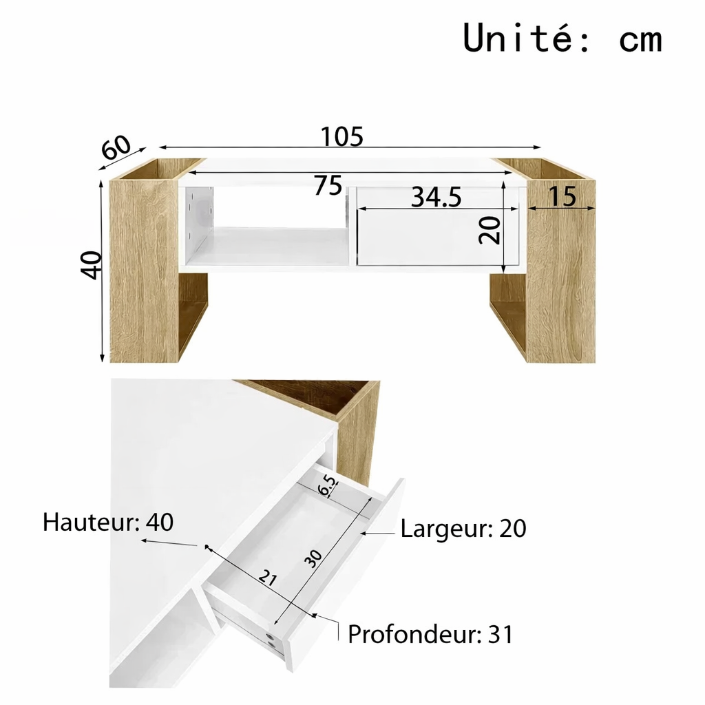 Table basse rectangulaire blanche et bois avec rangement
