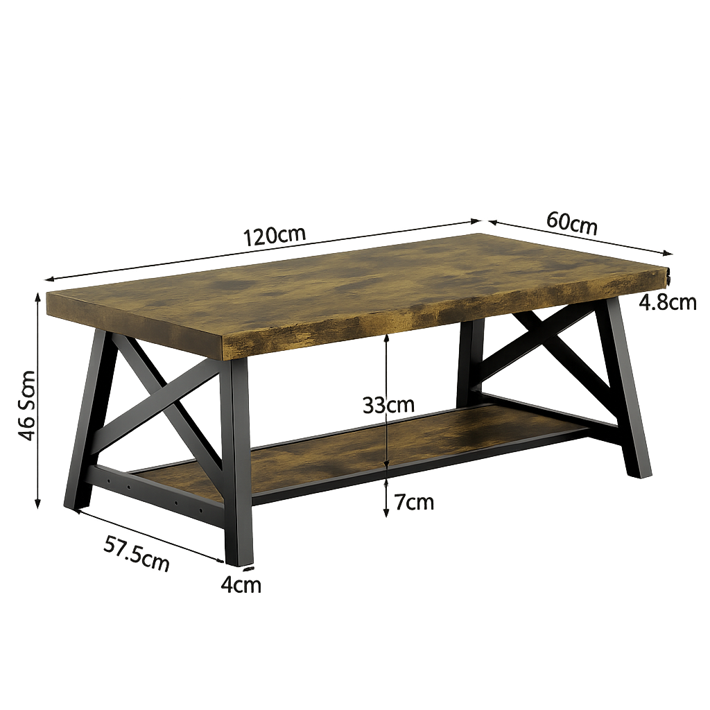 Table basse rectangulaire en bois et métal vintage avec rangement