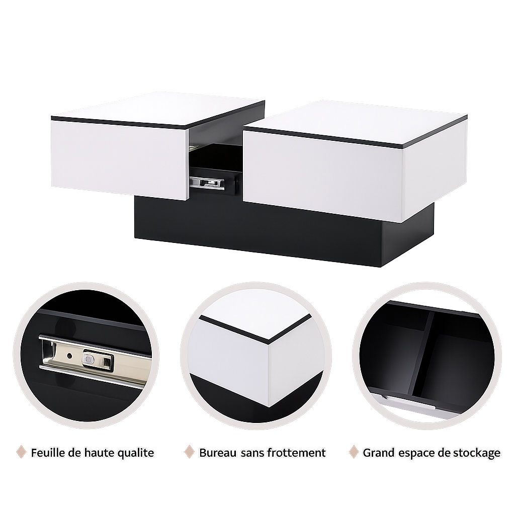 Table basse rectangulaire extensible avec rangements noire et blanche