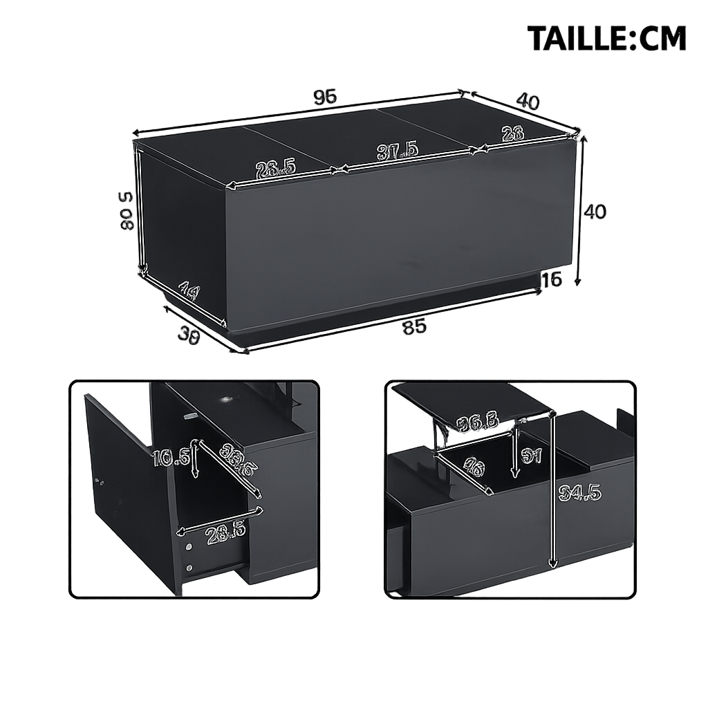 Table basse relevable avec LED et plateau ajustable