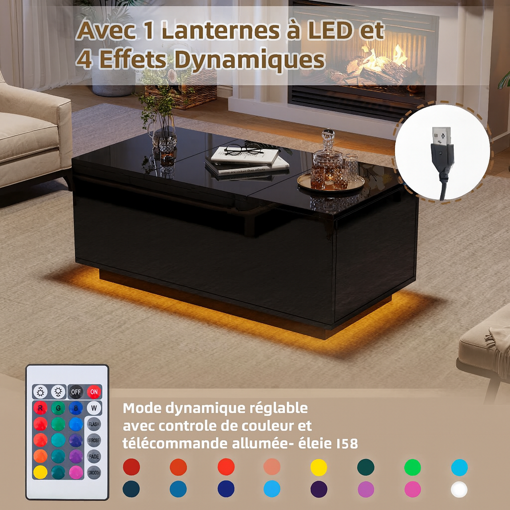 Table basse relevable avec LED et plateau ajustable