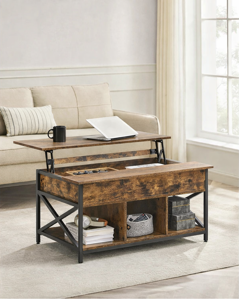 Table basse relevable bois et métal avec rangement