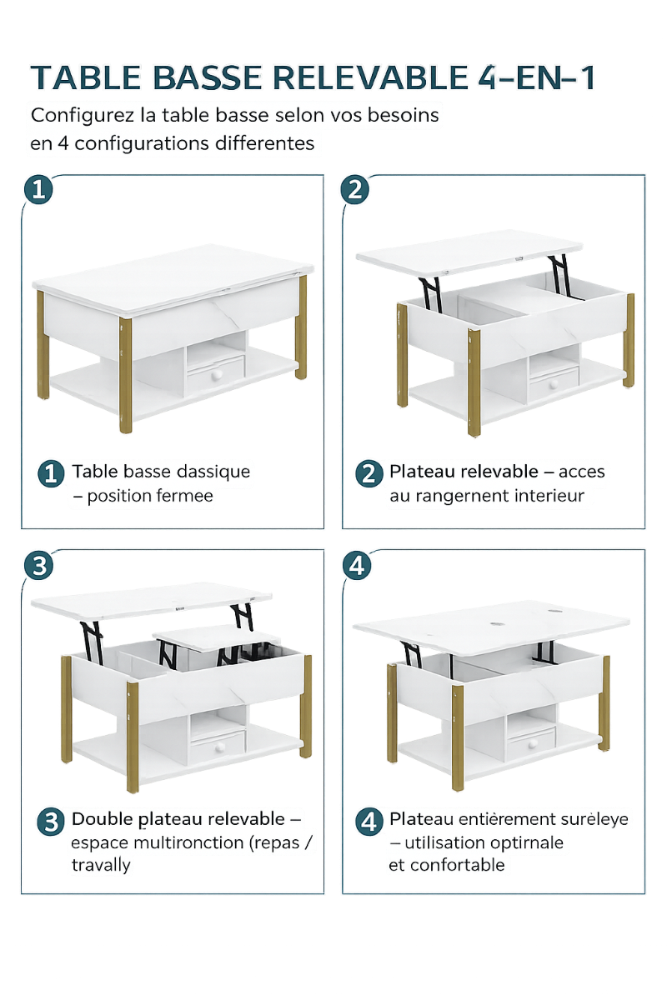 Table basse relevable extensible effet marbre blanche