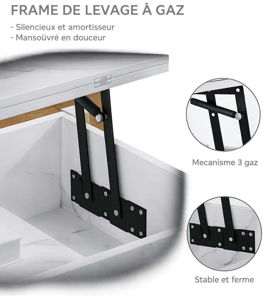 Table basse relevable extensible effet marbre blanche