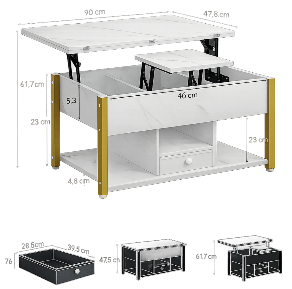 Table basse relevable extensible effet marbre blanche