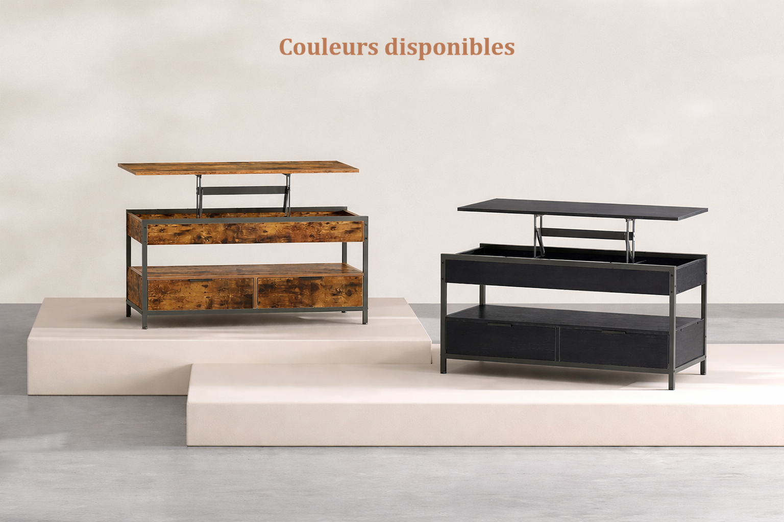 Table basse relevable industrielle avec rangement
