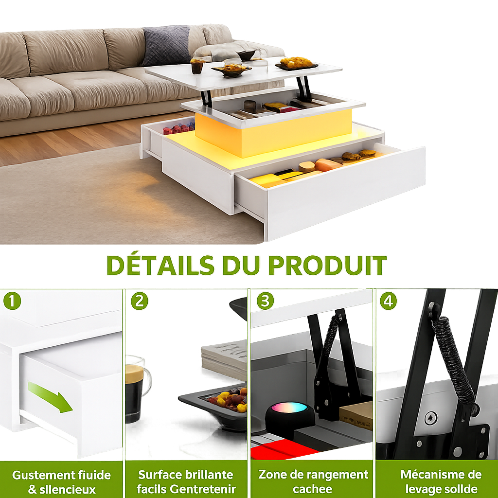 Table basse relevable moderne avec LED et tiroirs