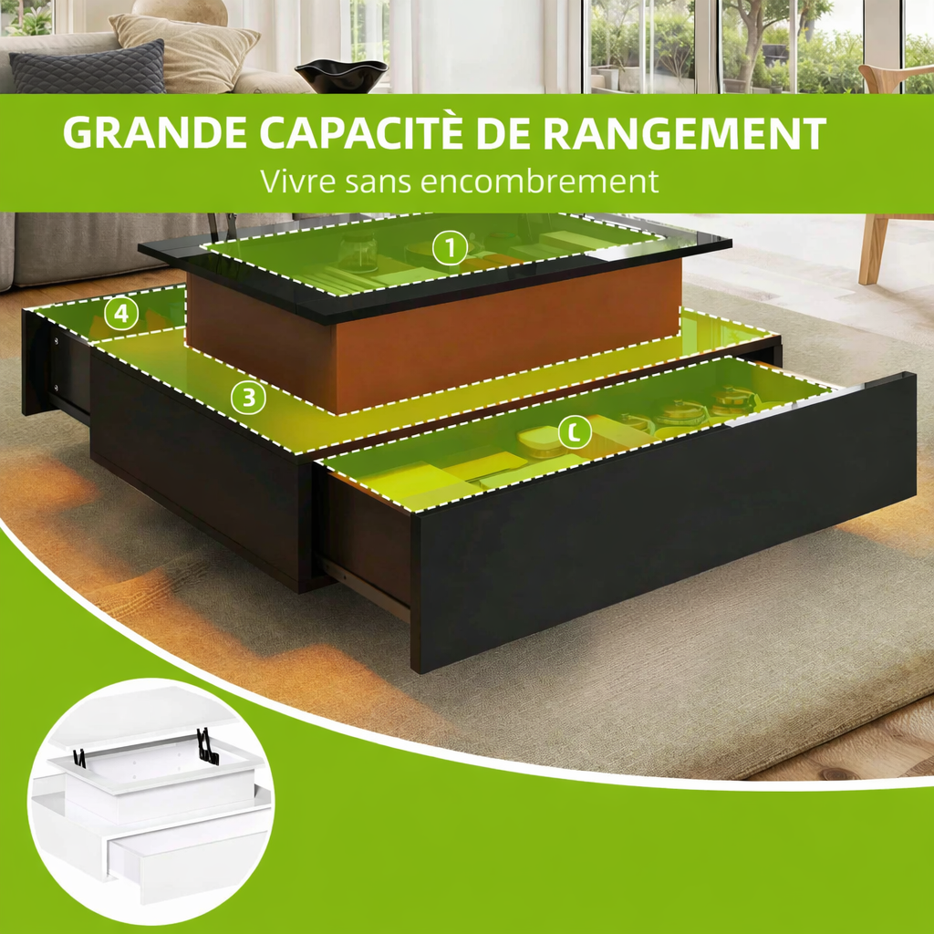 Table basse relevable rectangulaire bois avec éclairage LED