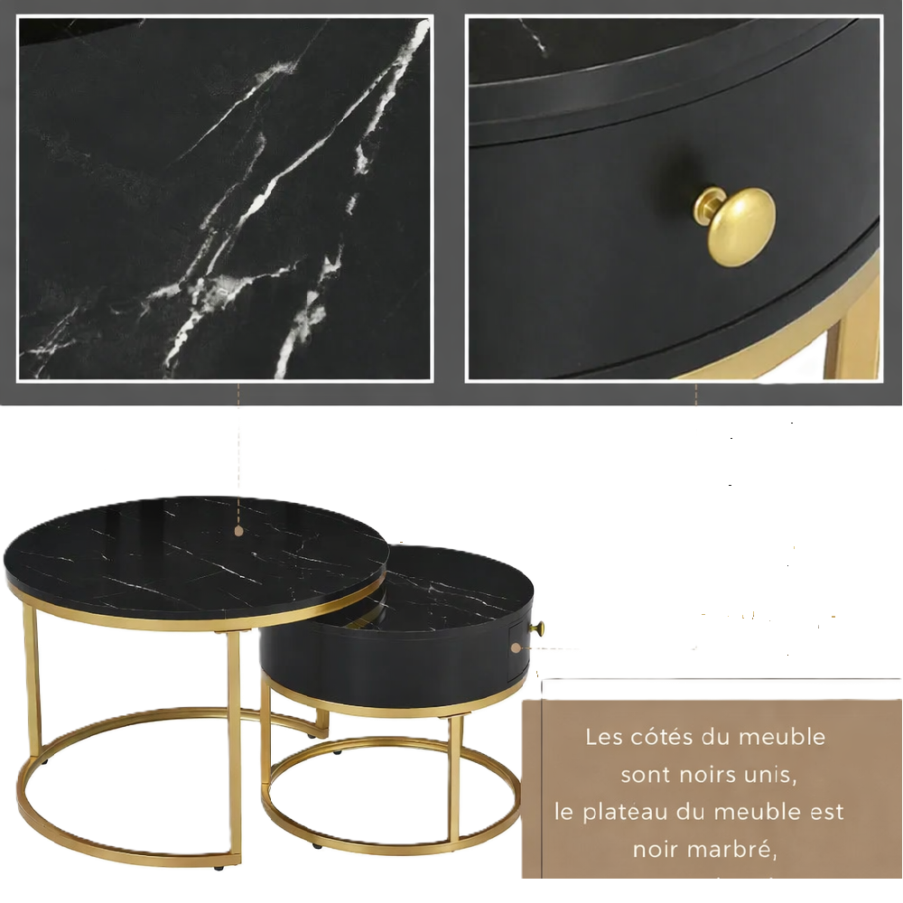 Table basse ronde gigogne effet marbre design noir