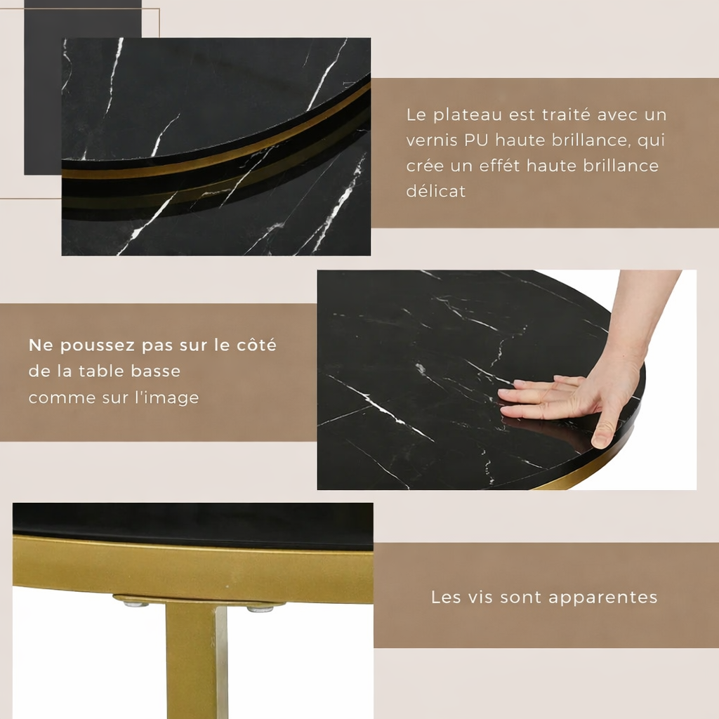 Table basse ronde gigogne effet marbre design noir