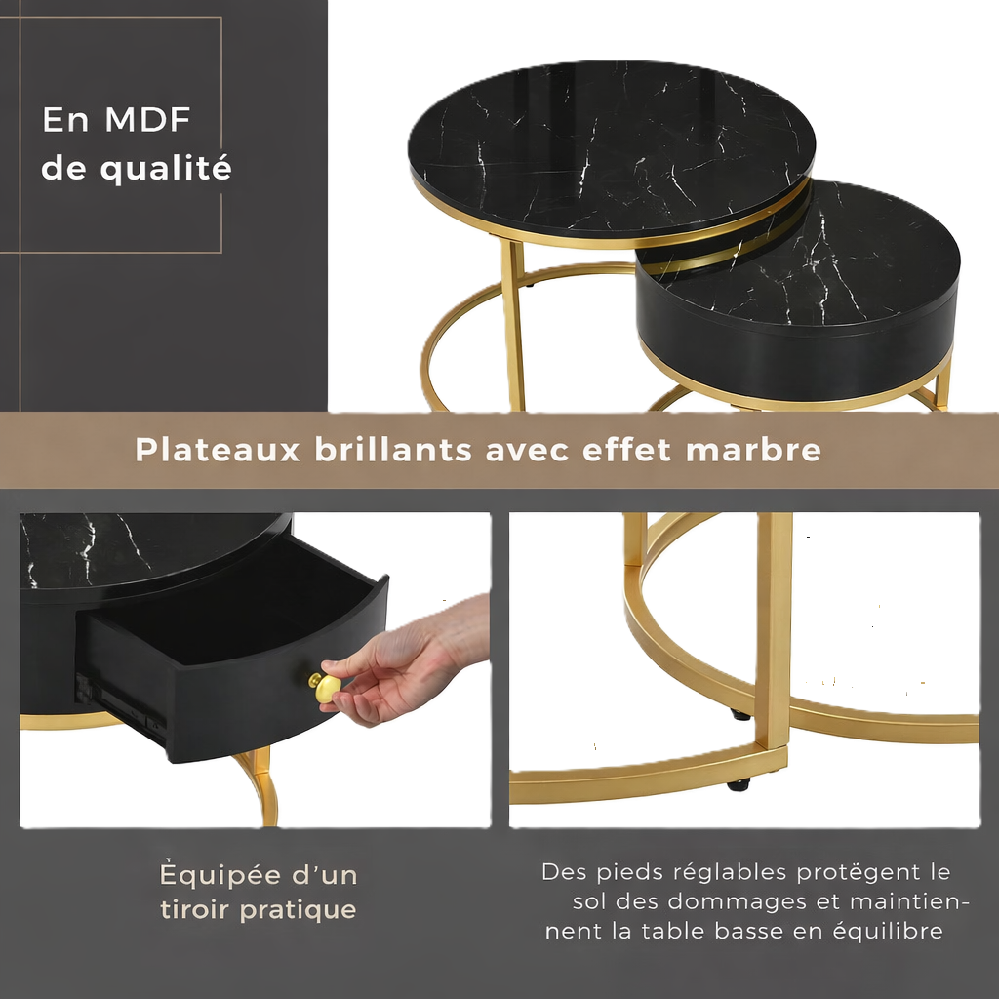 Table basse ronde gigogne effet marbre design noir