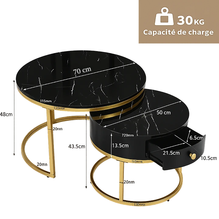 Table basse ronde gigogne effet marbre design noir