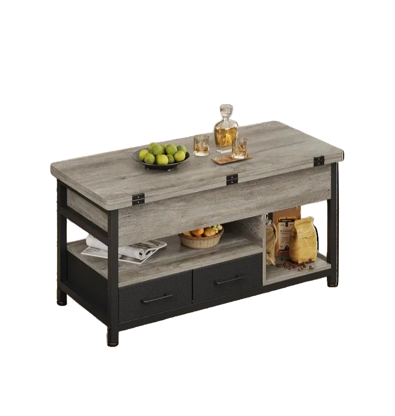 Table basse relevable extensible grise avec rangements